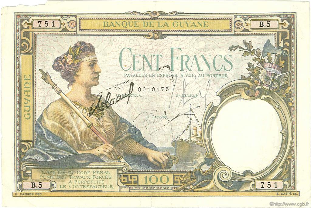 100 Francs FRENCH GUIANA  1934 P.08 VF