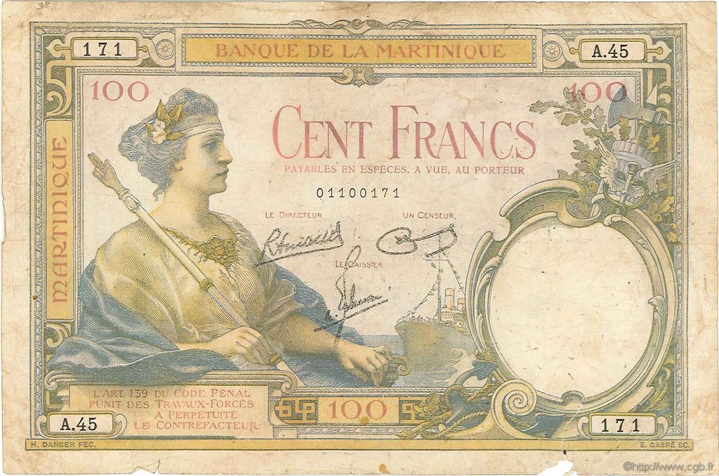 100 Francs MARTINIQUE  1945 P.13 VG