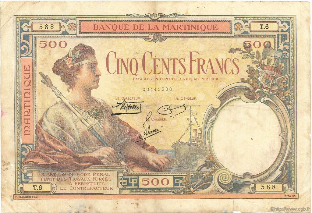 500 Francs MARTINIQUE  1938 P.14 F+