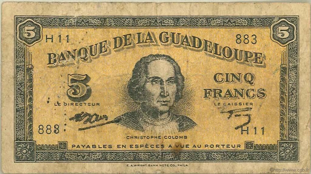 5 Francs GUADELOUPE  1945 P.21 VG