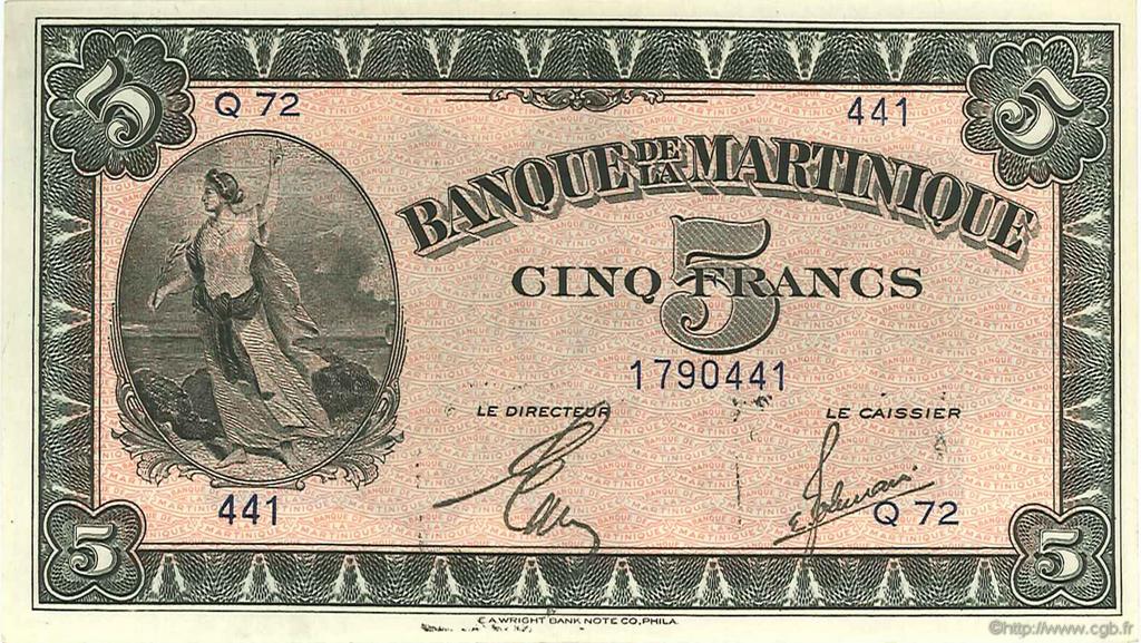 5 Francs MARTINIQUE  1942 P.16b fST+