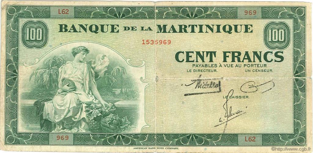 100 Francs MARTINIQUE  1943 P.19a BC