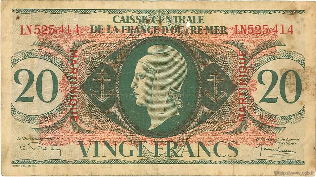 20 Francs MARTINIQUE  1944 P.24 fS