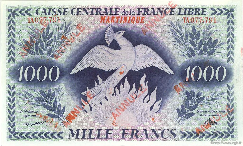 1000 Francs Phénix Annulé MARTINIQUE  1944 P.22b AU
