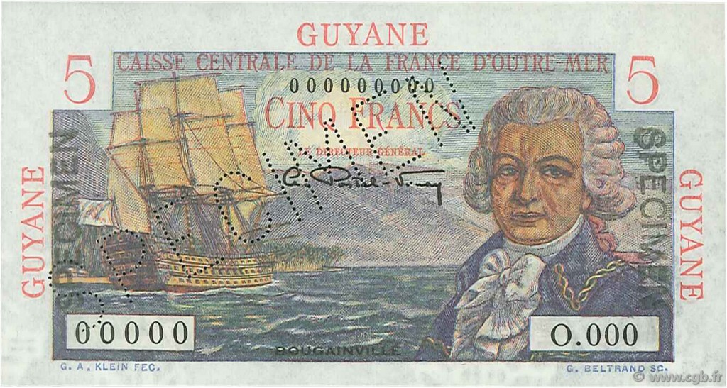 5 Francs Bougainville Spécimen FRENCH GUIANA  1946 P.19s FDC