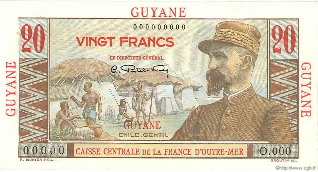 20 Francs Émile Gentil Spécimen FRENCH GUIANA  1946 P.21s VZ+