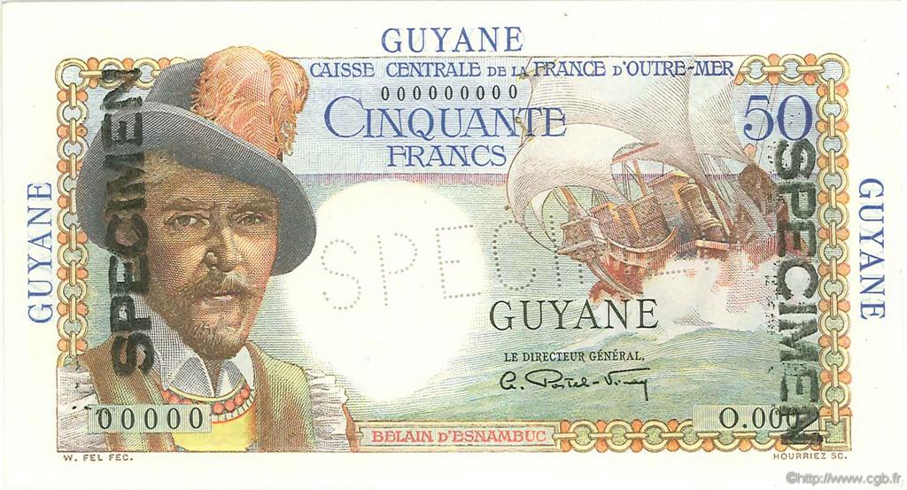 50 Francs Belain d Esnambuc Spécimen FRENCH GUIANA  1946 P.22s UNC-