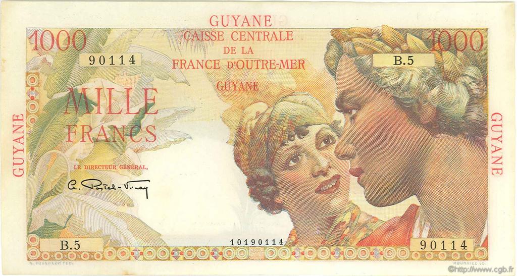 1000 Francs Union Française FRENCH GUIANA  1946 P.25 XF-