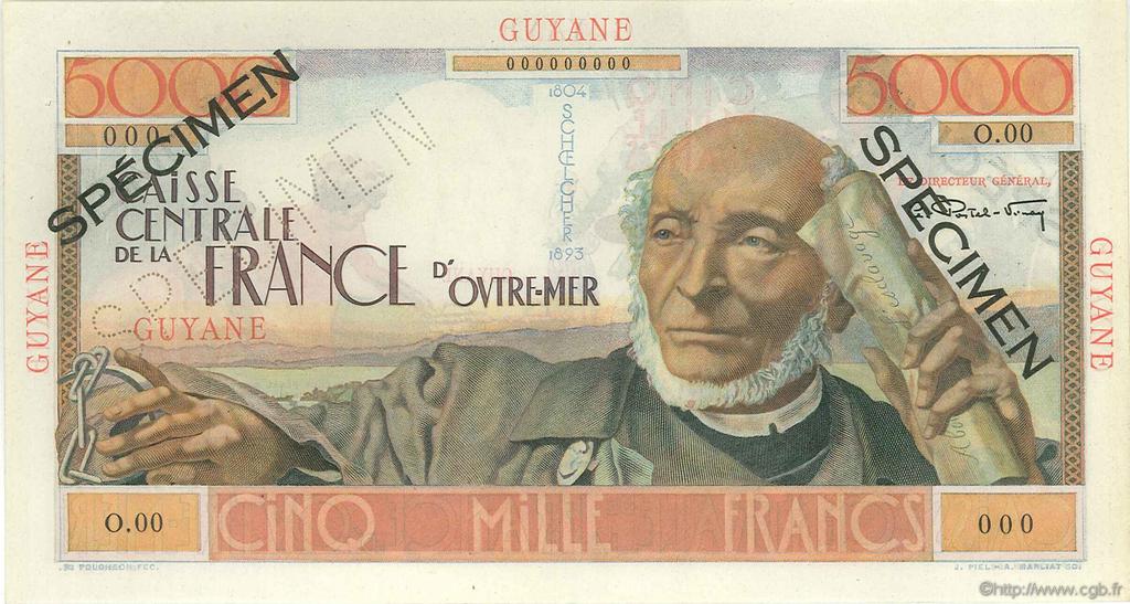 5000 Francs Schoelcher Spécimen FRENCH GUIANA  1946 P.26s EBC a SC