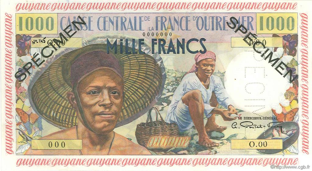 1000 Francs pêcheur Spécimen FRENCH GUIANA  1955 P.27s fST