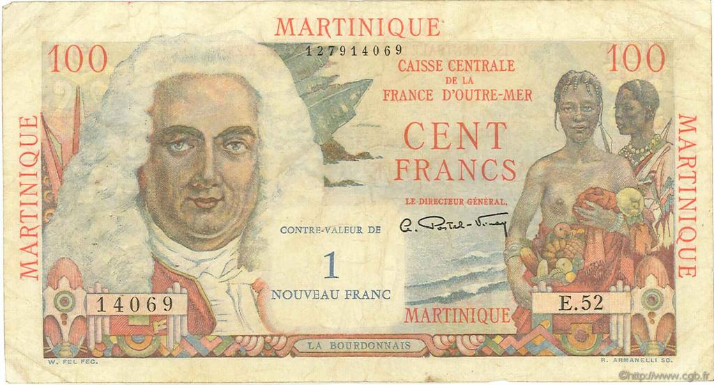 1 NF sur 100 Francs La Bourdonnais MARTINIQUE  1960 P.37 BC+