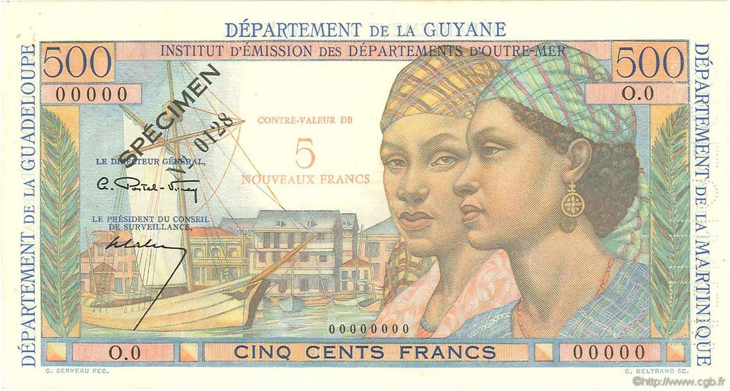 5 Nouveaux Francs sur 500 Francs Pointe à Pitre Spécimen FRENCH ANTILLES  1962 P.04s VZ+