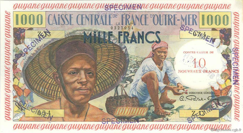 10 NF sur 1000 Francs pêcheur Spécimen FRENCH GUIANA  1960 P.31s SC+