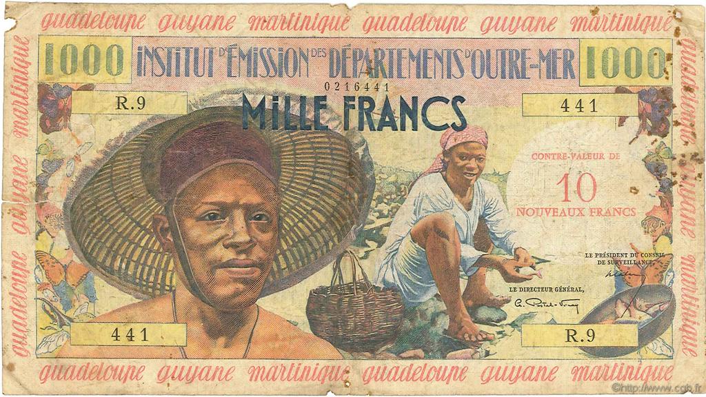 10 Nouveaux Francs sur 1000 Francs Pêcheur FRENCH ANTILLES  1960 P.02 q.B
