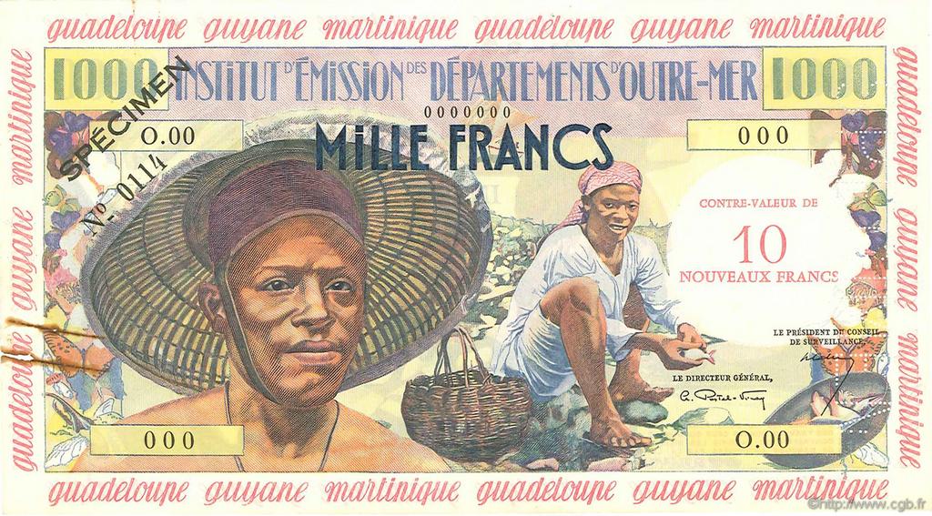 10 Nouveaux Francs sur 1000 Francs Pêcheur Spécimen FRENCH ANTILLES  1960 P.02s XF-