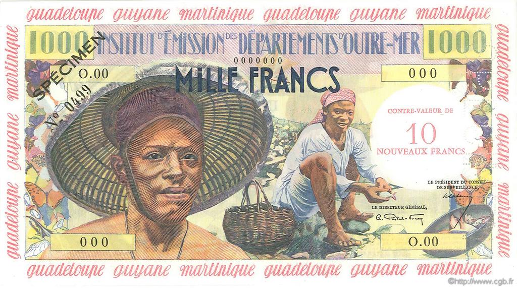 10 Nouveaux Francs sur 1000 Francs Pêcheur Spécimen FRENCH ANTILLES  1960 P.02s SC