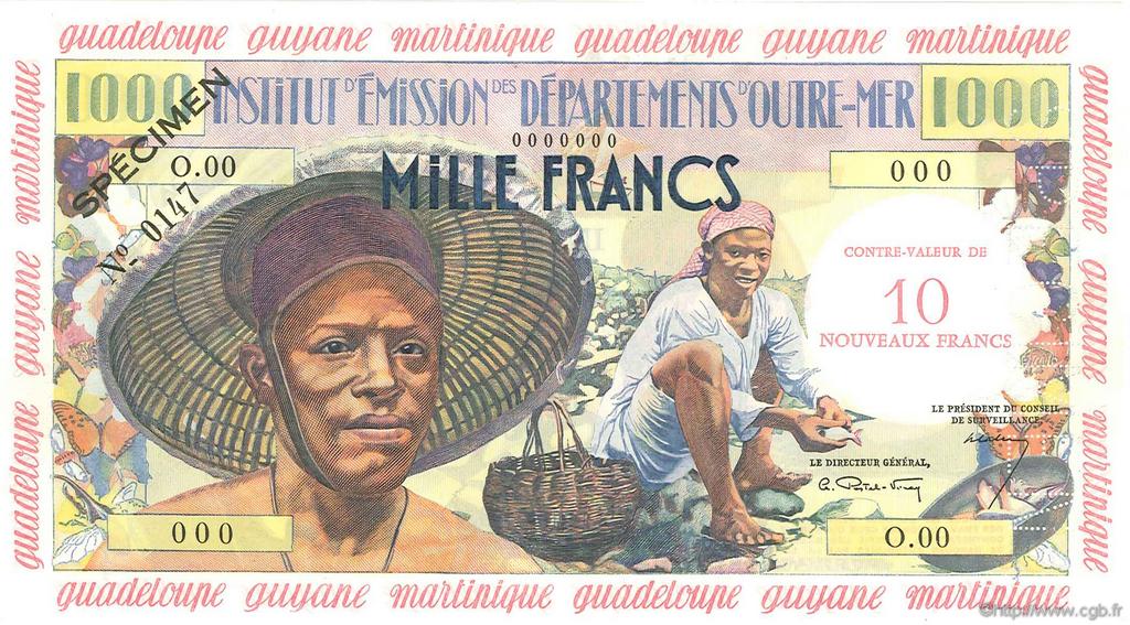 10 Nouveaux Francs sur 1000 Francs Pêcheur Spécimen FRENCH ANTILLES  1960 P.02s SC+