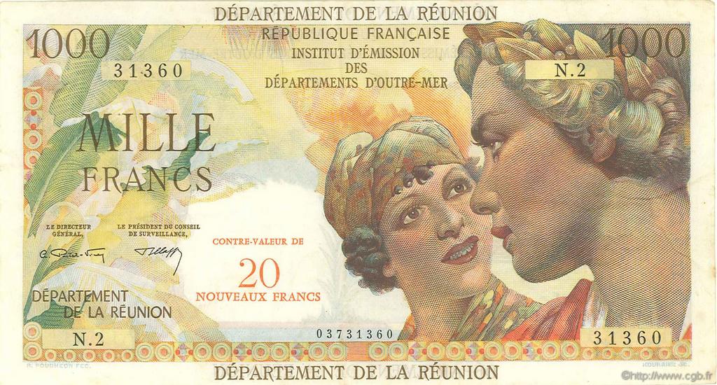 20 NF sur 1000 Francs Union Française REUNION ISLAND  1964 P.55b VF+