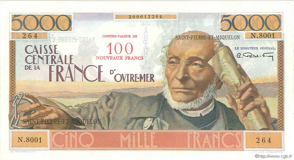 100 NF sur 5000 Francs Schoelcher SAN PEDRO Y MIGUELóN  1960 P.35 MBC+