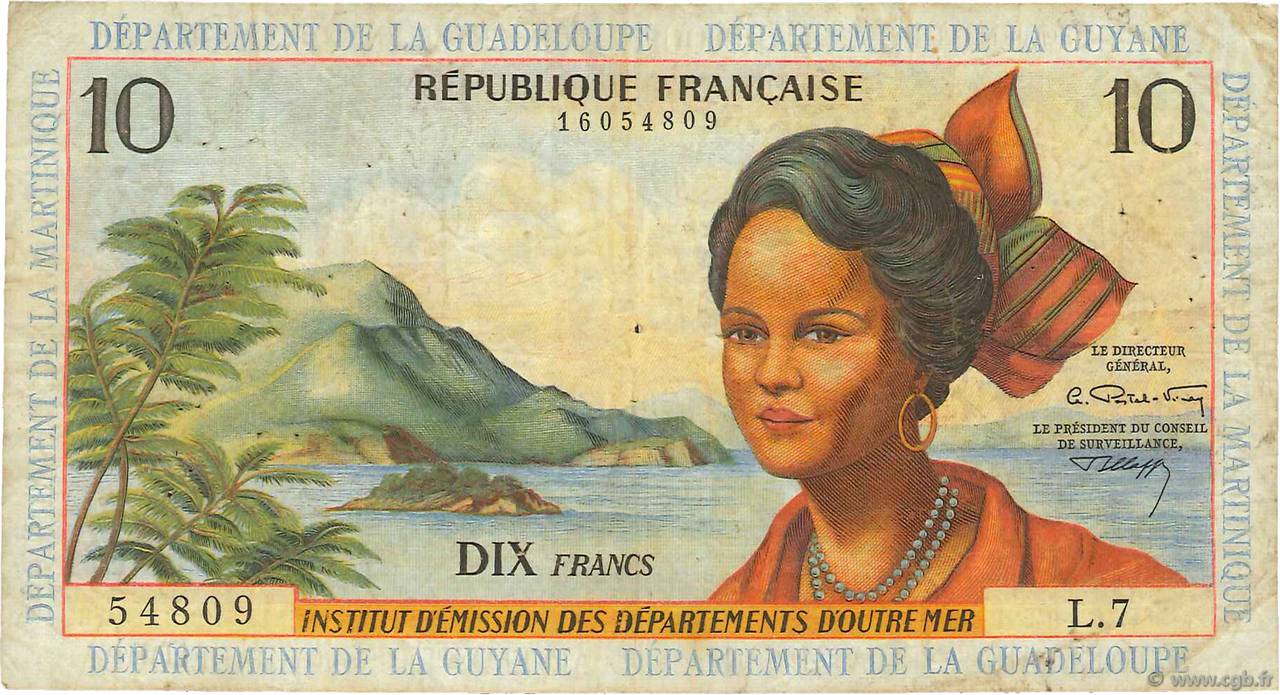 10 Francs FRENCH ANTILLES  1964 P.08b MB