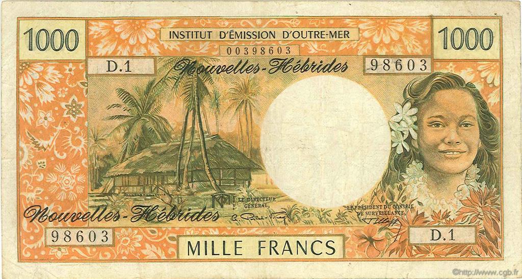 1000 Francs NUOVE EBRIDI  1970 P.20a MB