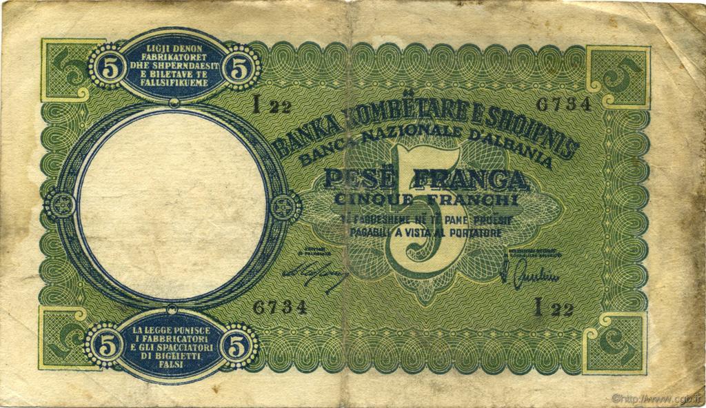 5 Franga ALBANIA  1939 P.06a MB