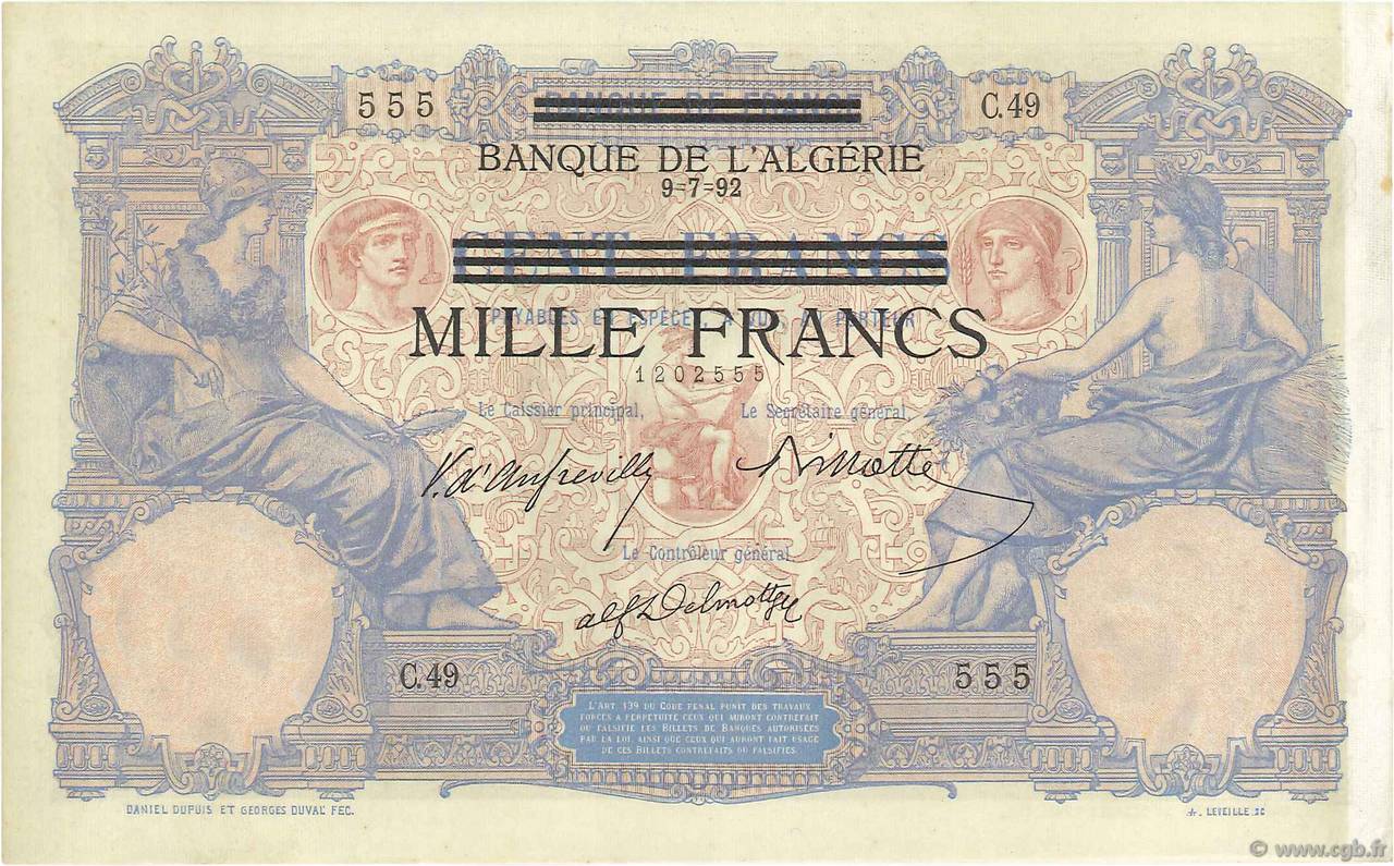 1000 Francs sur 100 Francs Non émis TUNESIEN  1942 P.31 fST