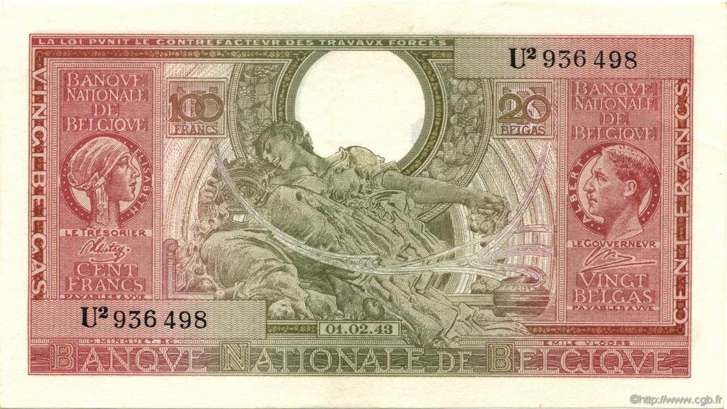 100 Francs - 20 Belgas BELGIUM  1943 P.123 AU