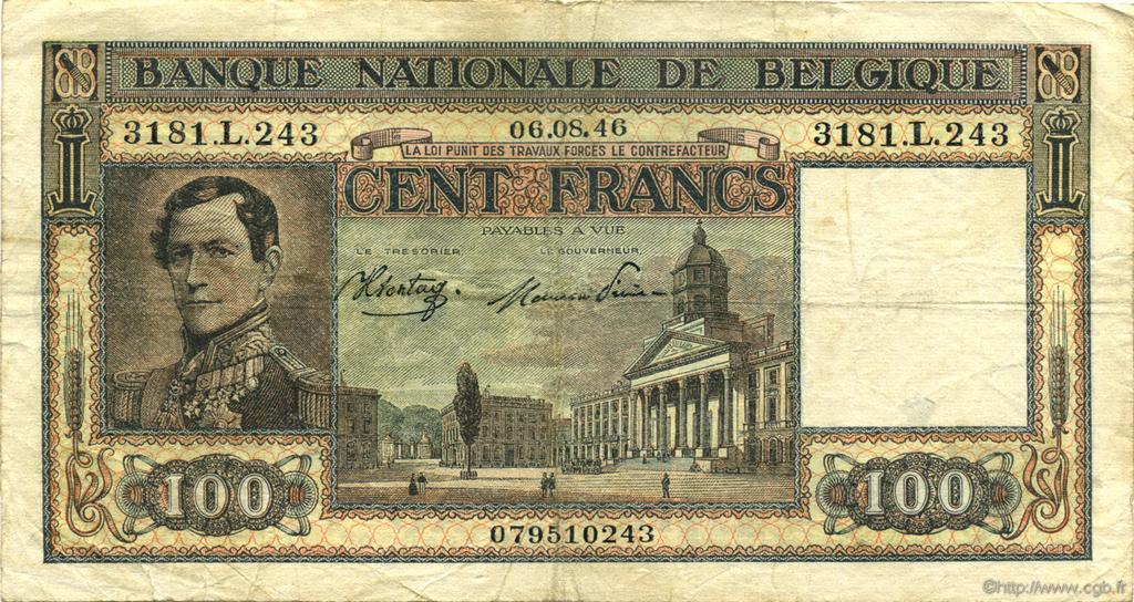 100 Francs BELGIUM  1946 P.126 F - VF