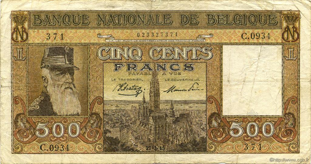 500 Francs BÉLGICA  1945 P.127 BC+