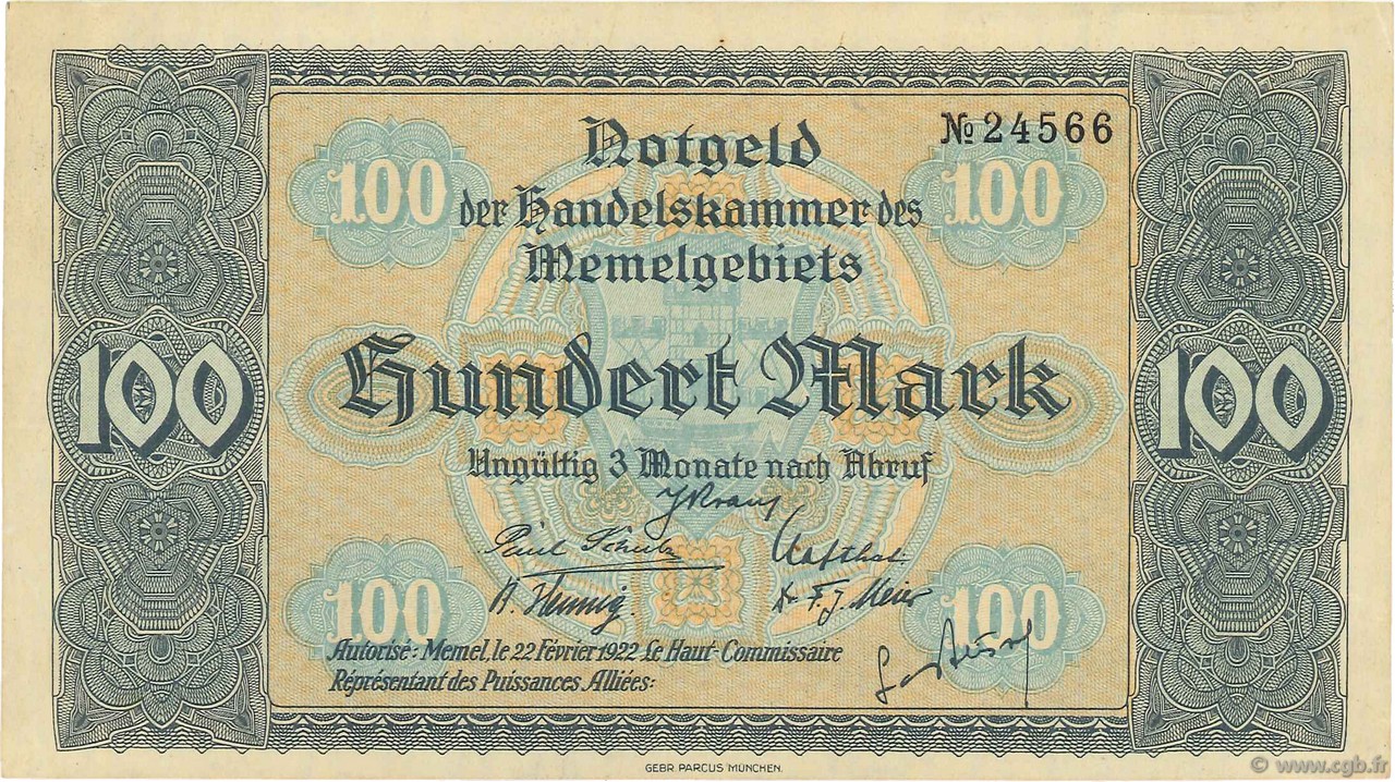100 Mark MEMEL  1922 P.09 q.AU