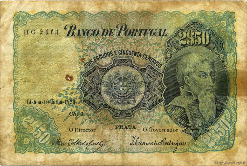 2 Escudos 50 Centavos PORTOGALLO  1920 P.119 q.MB