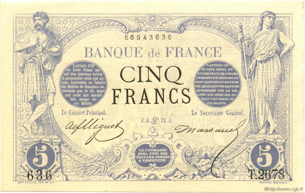 5 Francs NOIR FRANCE  1873 F.01.19 AU+
