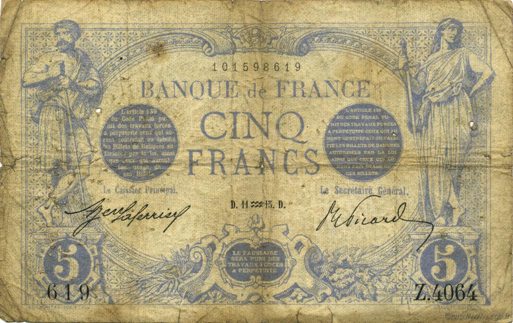 5 Francs BLEU FRANKREICH  1915 F.02.23 SGE