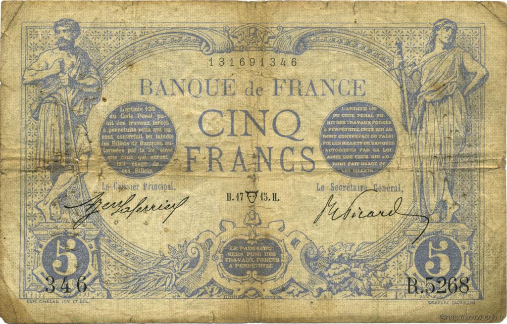 5 Francs BLEU FRANKREICH  1915 F.02.26 SGE