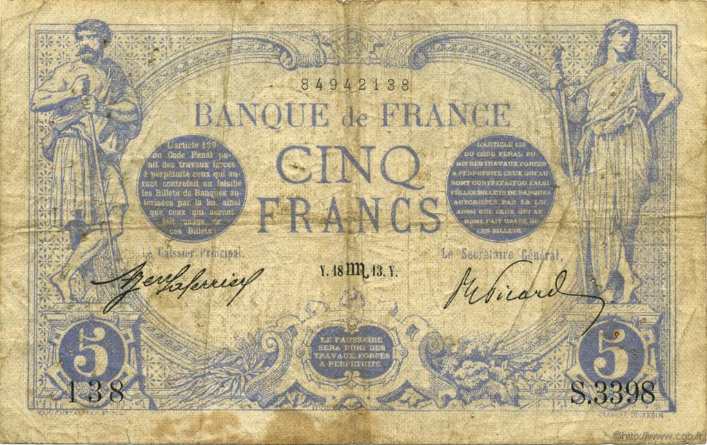 5 Francs BLEU FRANKREICH  1913 F.02.21 SGE