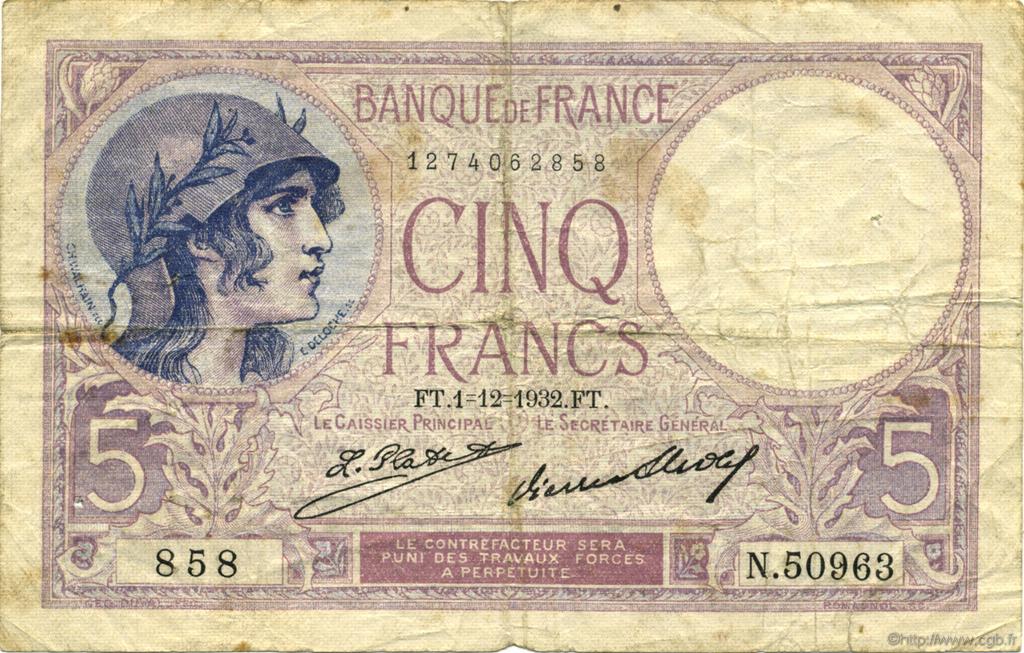 5 Francs FEMME CASQUÉE FRANCE  1932 F.03.16 F