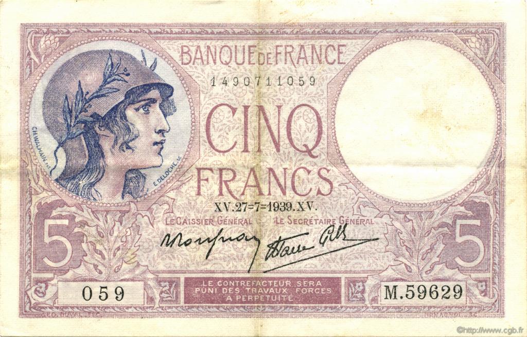 5 Francs FEMME CASQUÉE modifié FRANKREICH  1939 F.04.03 fVZ