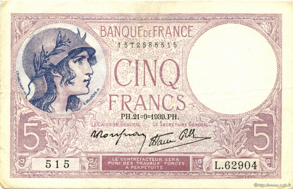 5 Francs FEMME CASQUÉE modifié FRANCIA  1939 F.04.09 SPL