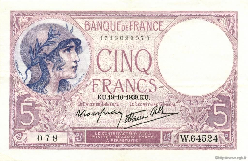 5 Francs FEMME CASQUÉE modifié FRANKREICH  1939 F.04.12 VZ+