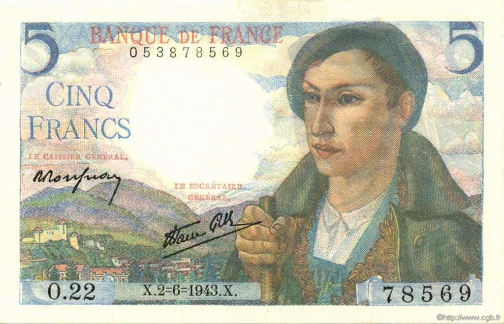 5 Francs BERGER FRANCE  1943 F.05.01 pr.NEUF