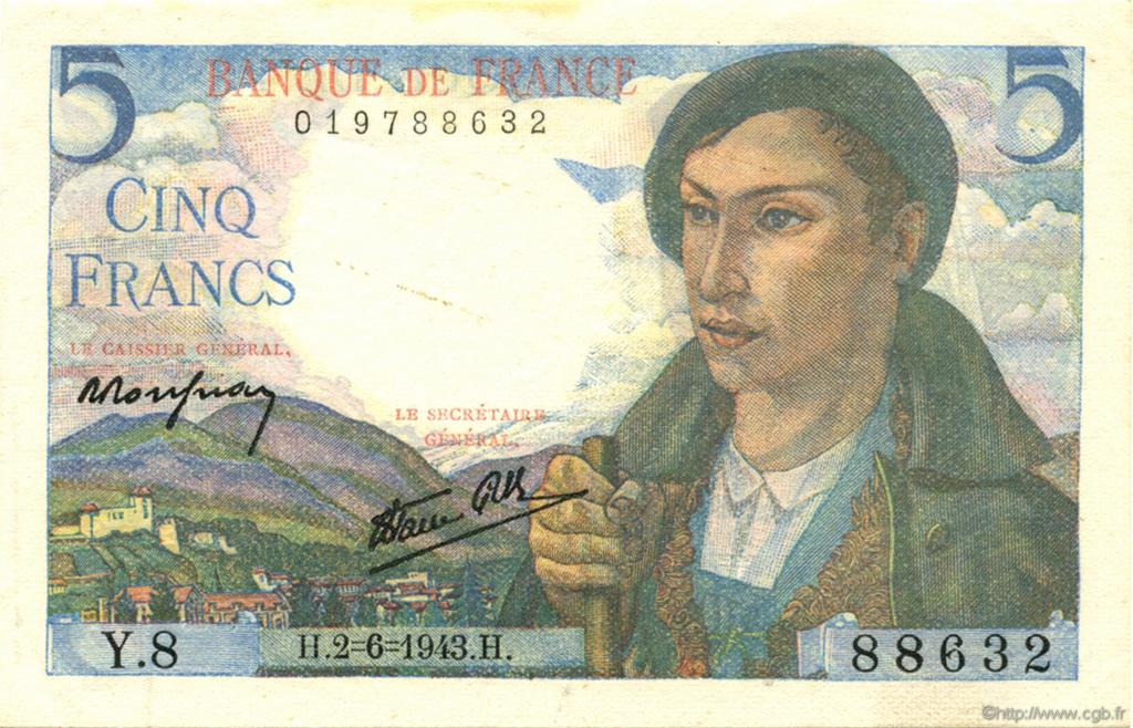 5 Francs BERGER FRANKREICH  1943 F.05.01 fST+