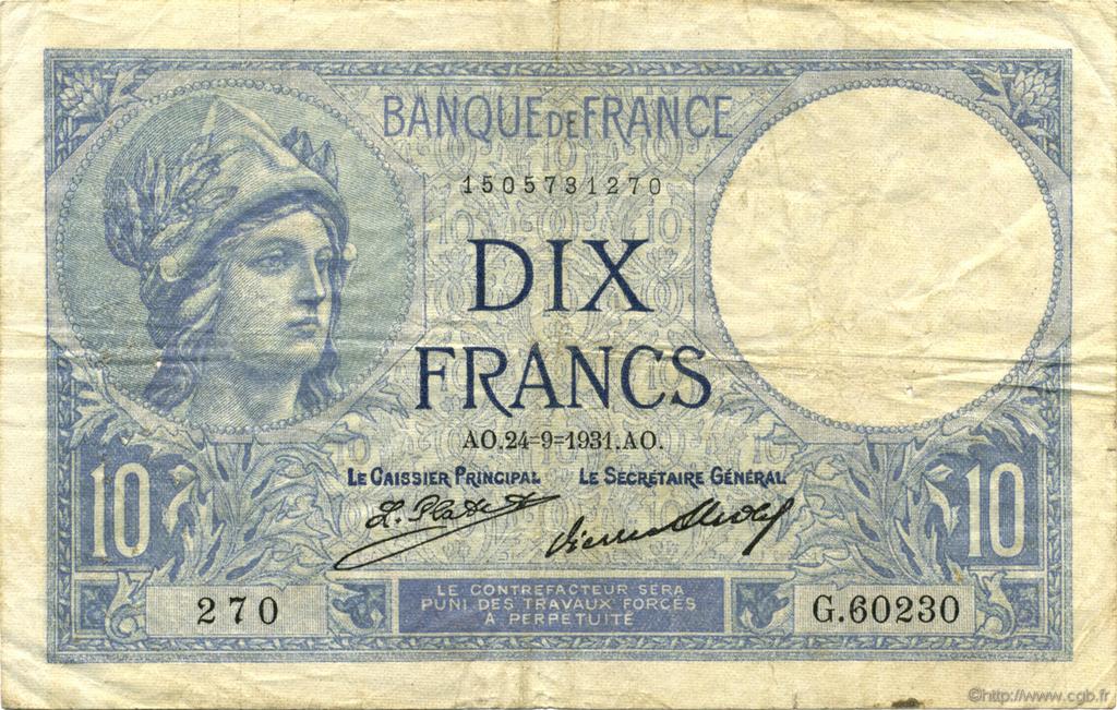 10 Francs MINERVE FRANCIA  1931 F.06.15 q.BB