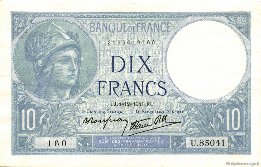 10 Francs MINERVE modifié FRANCIA  1941 F.07.30 EBC