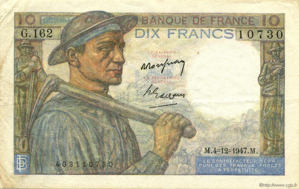 10 Francs MINEUR FRANCE  1947 F.08.19 VF