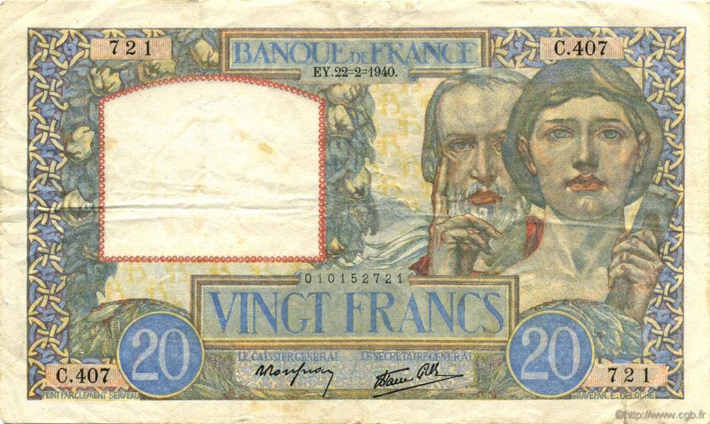 20 Francs TRAVAIL ET SCIENCE FRANCIA  1940 F.12.02 MBC