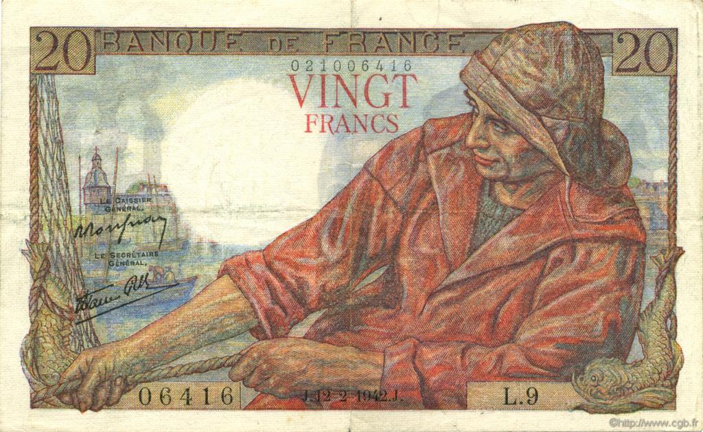 20 Francs PÊCHEUR FRANCE  1942 F.13.01 TTB à SUP