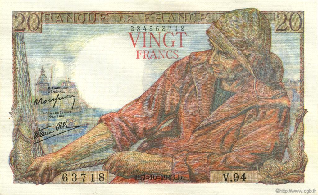 20 Francs PÊCHEUR FRANCE  1943 F.13.07 AU
