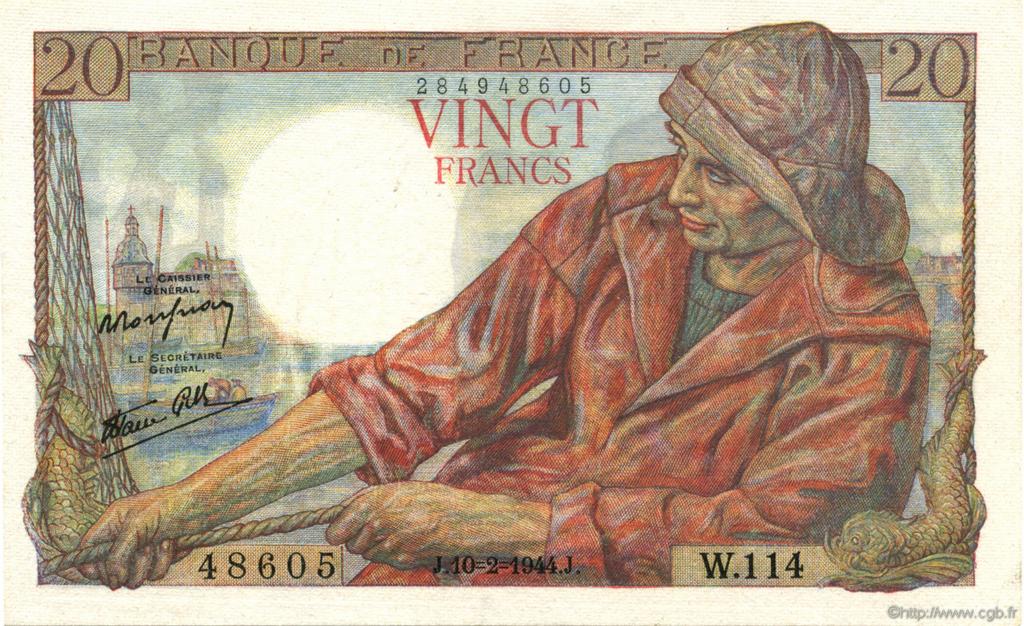 20 Francs PÊCHEUR FRANKREICH  1944 F.13.08 VZ+