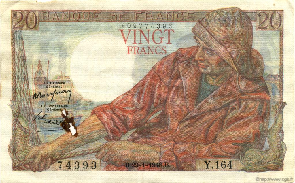20 Francs PÊCHEUR FRANKREICH  1948 F.13.12 fVZ